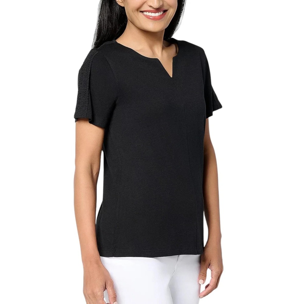 BEAUTIFUL by Lawrence Zarian Women's Short Slv Top w/Lace Black Size 4X #33-